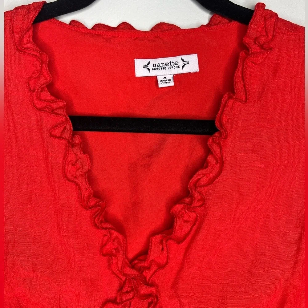 Nanette Lepore Hot Coral 3/4 Sleeve Tired Ruffle Midi Dress V-neck sz 4 NWT - Picture 2 of 8